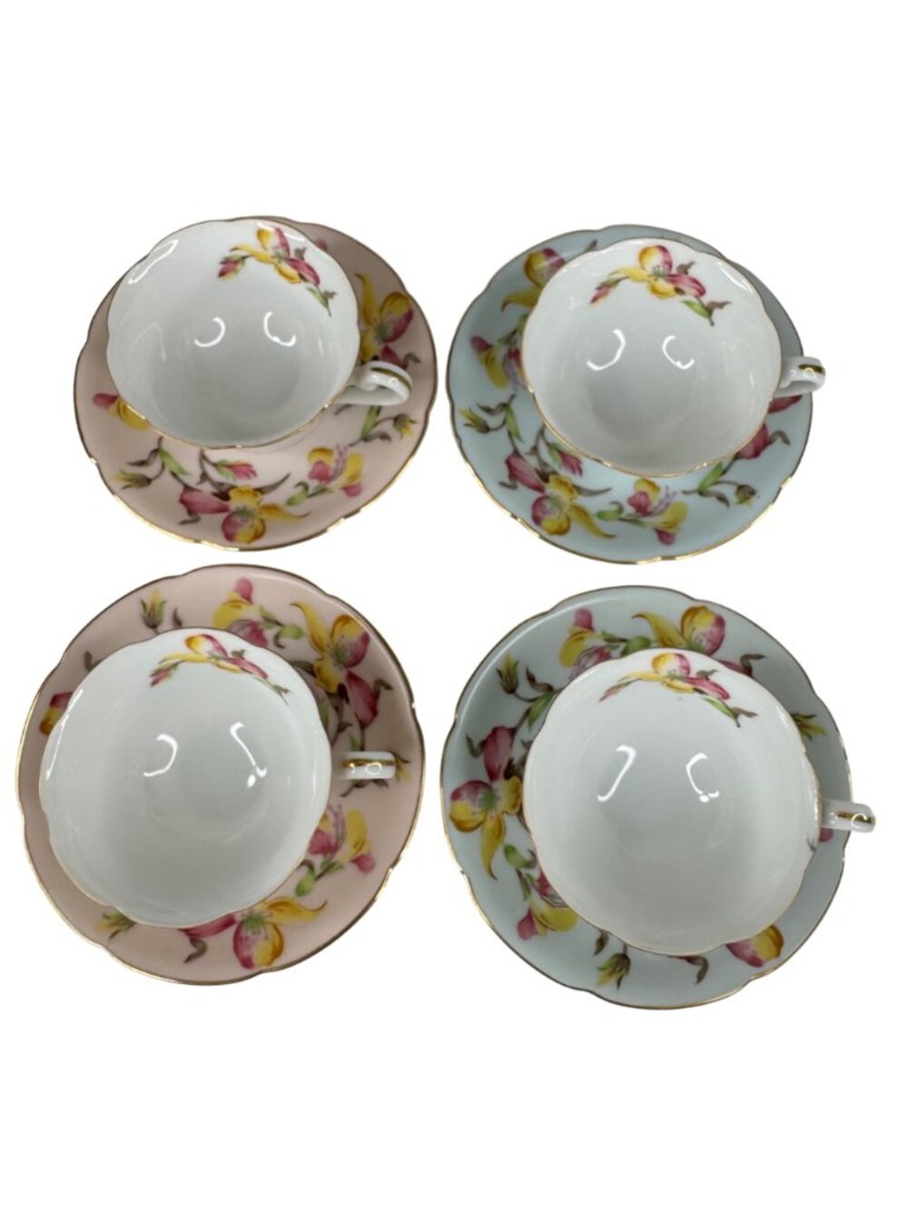 Japanese Jyoto China Floral Tea Cup & Saucer Set Porcelain 4-Piece Pastel Vtg - Picture 2 of 16